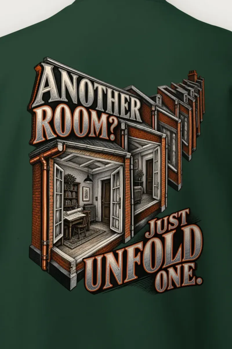 "Another Room? Just Unfold One." Heavy Blend Unisex Crewneck Sweatshirt - the graphic up close