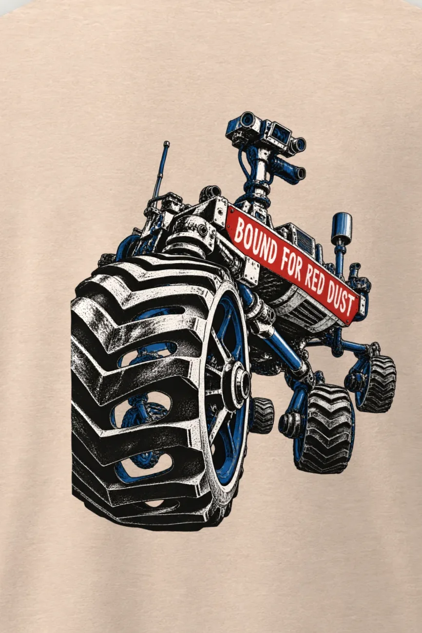"Bound for Red Dust" Men’s Oversized Heavyweight Crewneck T-Shirt - the graphic up close