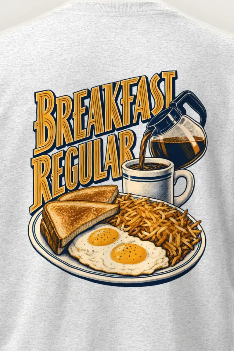 "Breakfast Regular" Heavyweight Unisex Crewneck T-shirt - the graphic up close