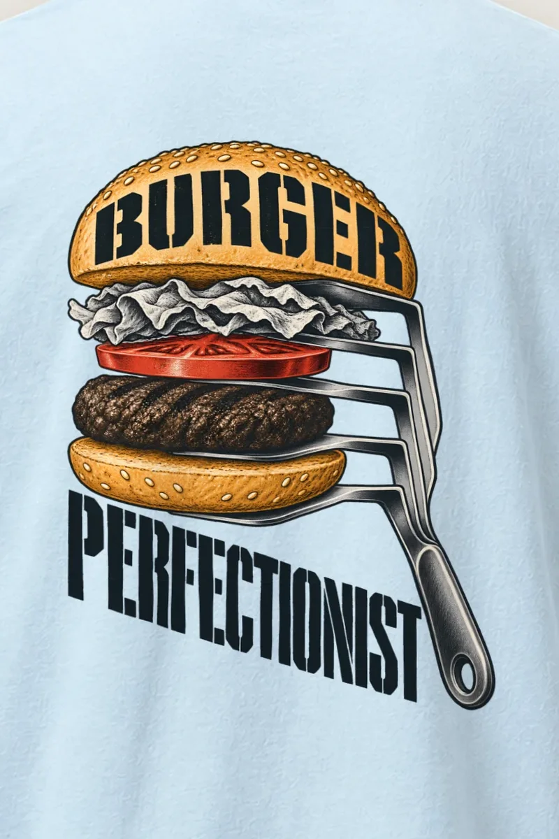 "Burger Perfectionist" Heavyweight Unisex Crewneck T-shirt - the graphic up close
