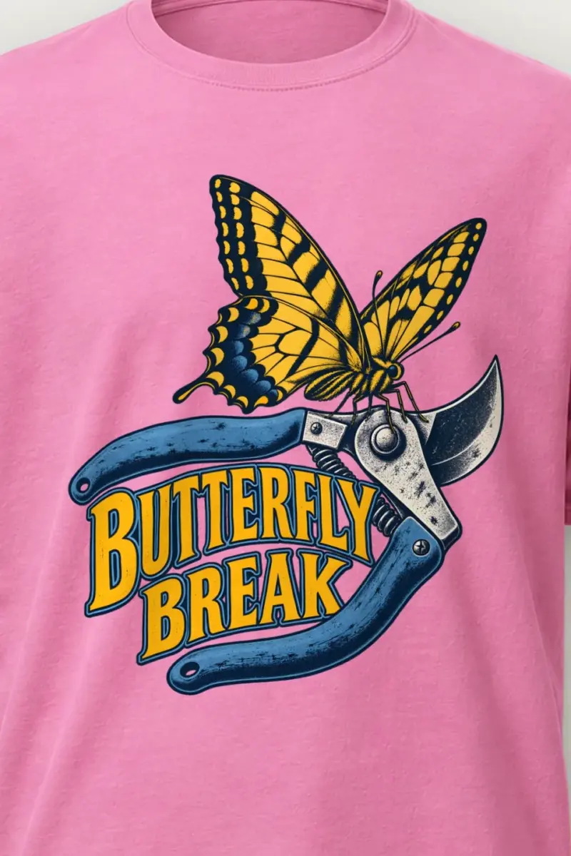 "Butterfly Break" Heavyweight Unisex Crewneck T-shirt - the graphic up close
