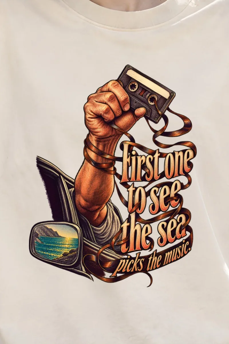 "Cassette And Coastal Sunset" Unisex Oversized Heavyweight Crewneck T-Shirt - the graphic up close