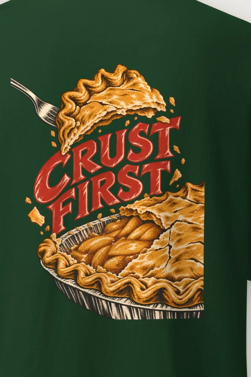 "Crust First Pie" Heavyweight Unisex Crewneck T-shirt - the graphic up close