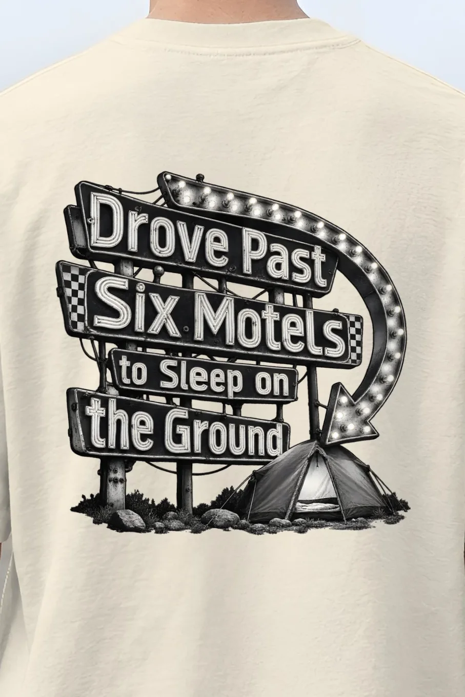 "Drove Past Six Motels" Unisex Oversized Heavyweight Crewneck T-Shirt - the graphic up close