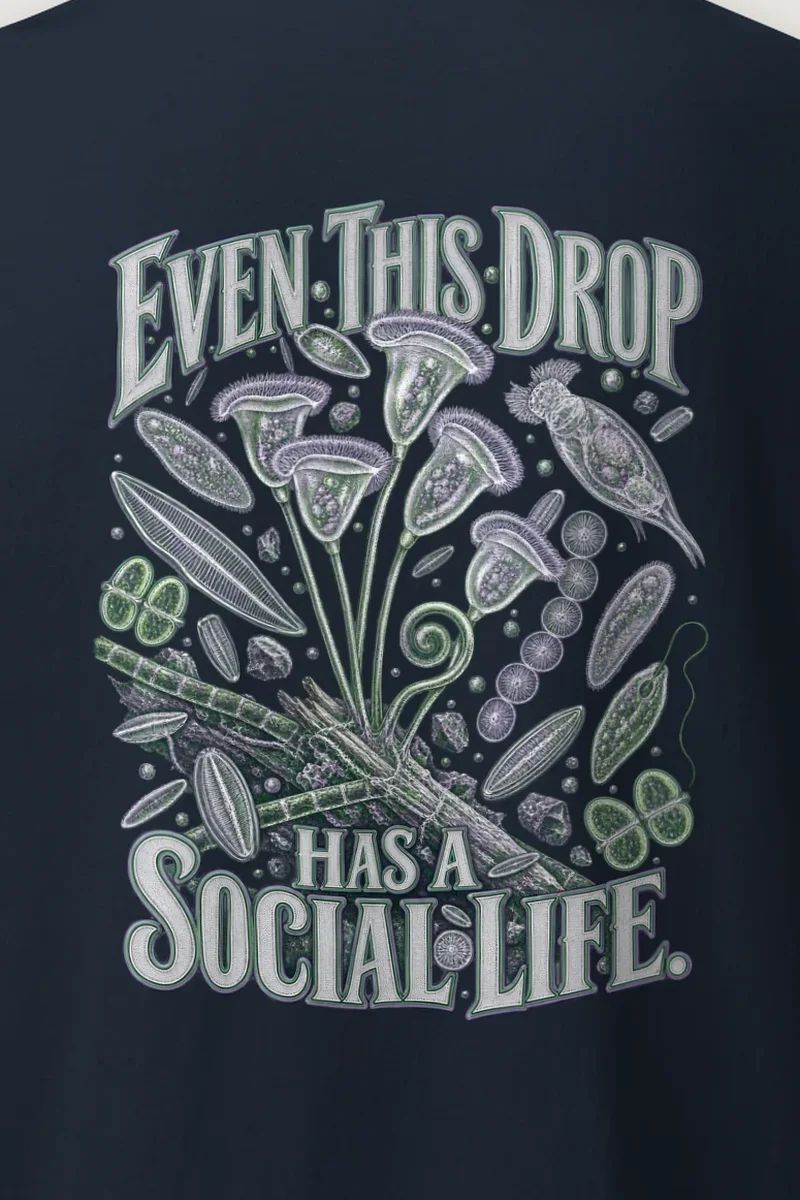 "Even This Drop Has a Social Life" Heavyweight Unisex Crewneck T-shirt - the graphic up close