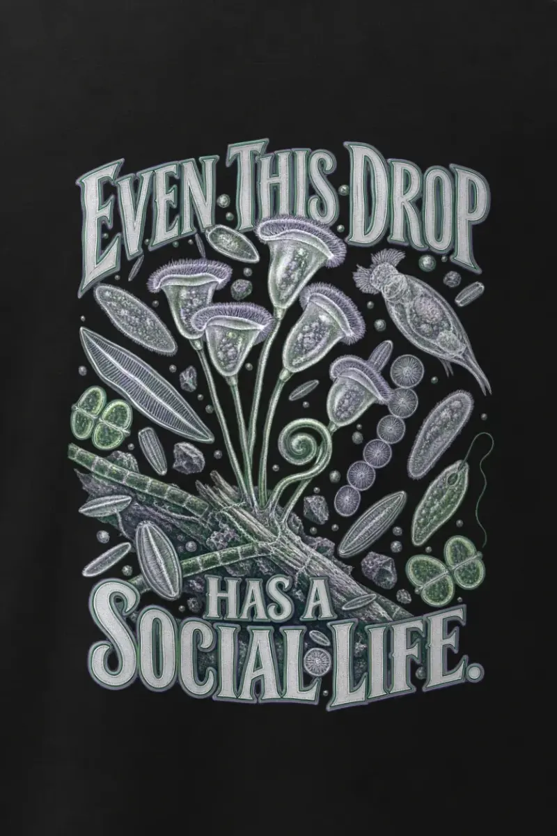 "Even This Drop Has a Social Life" Men’s Oversized Heavyweight Crewneck T-Shirt - the graphic up close