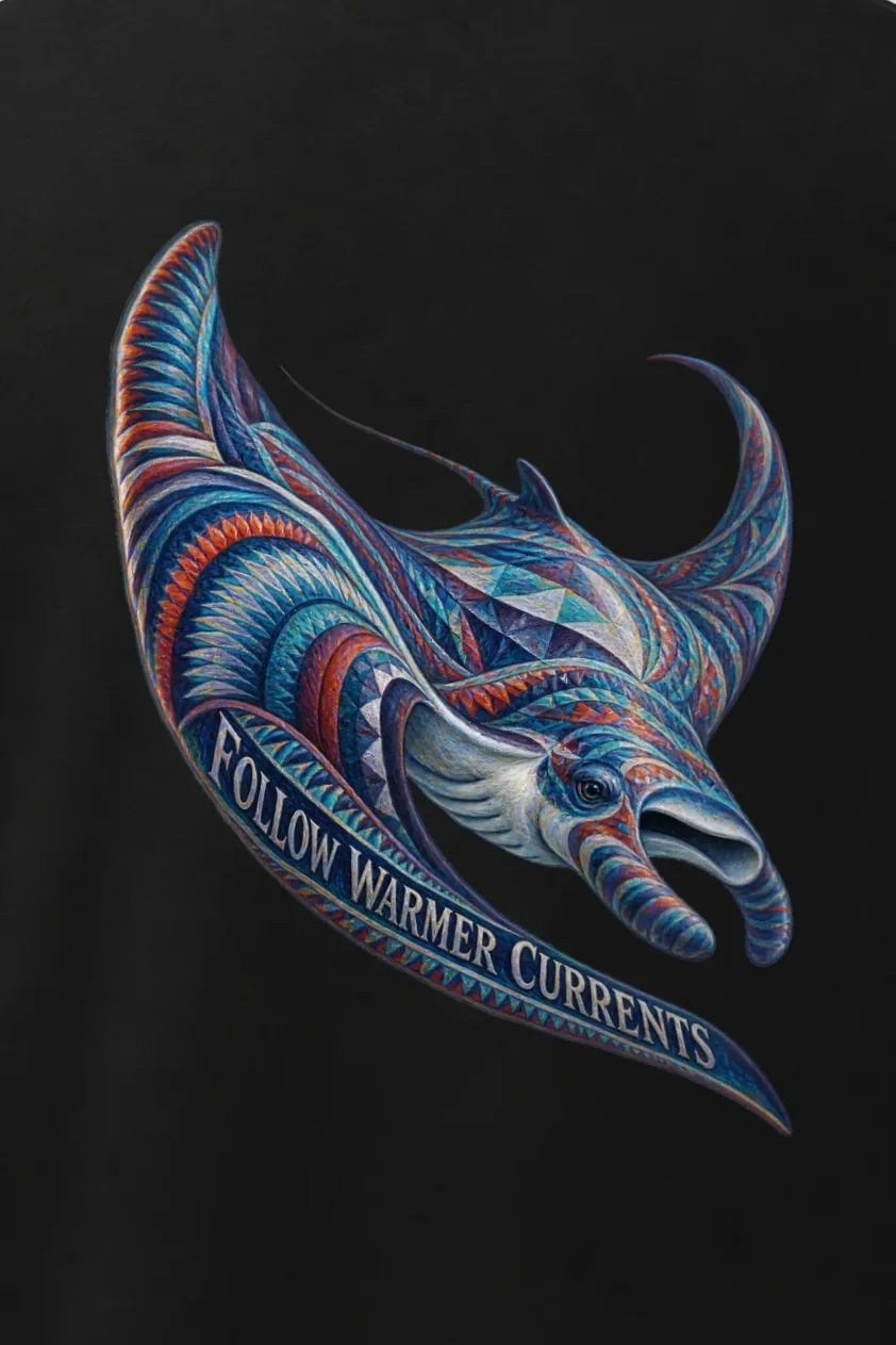 "Follow Warmer Currents" Men’s Oversized Heavyweight Crewneck T-Shirt - the graphic up close