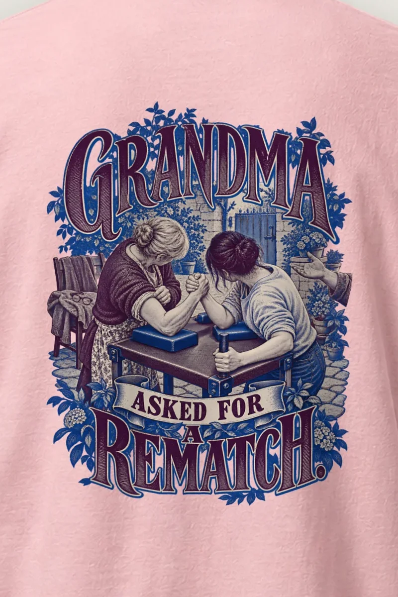 "Grandma Asked for a Rematch" Heavyweight Unisex Crewneck T-shirt - the graphic up close