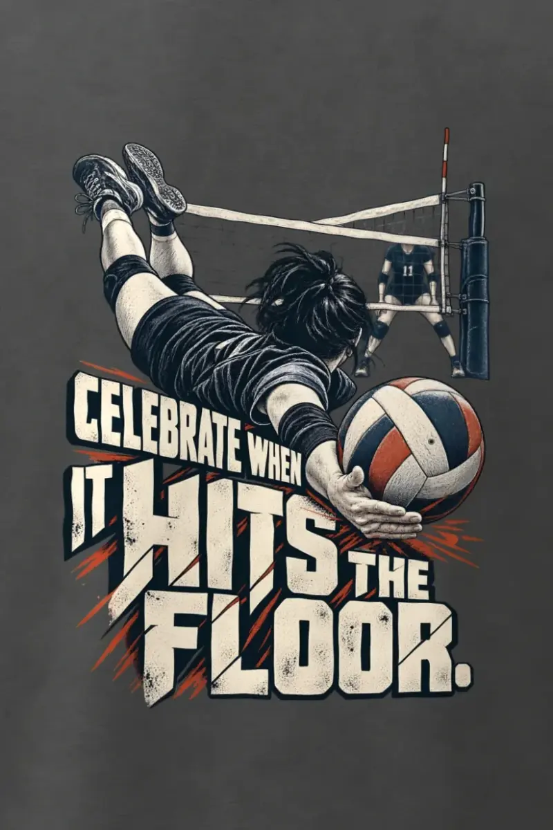 "Hits The Floor Volleyball Dig" Men’s Oversized Heavyweight Crewneck T-Shirt - the graphic up close
