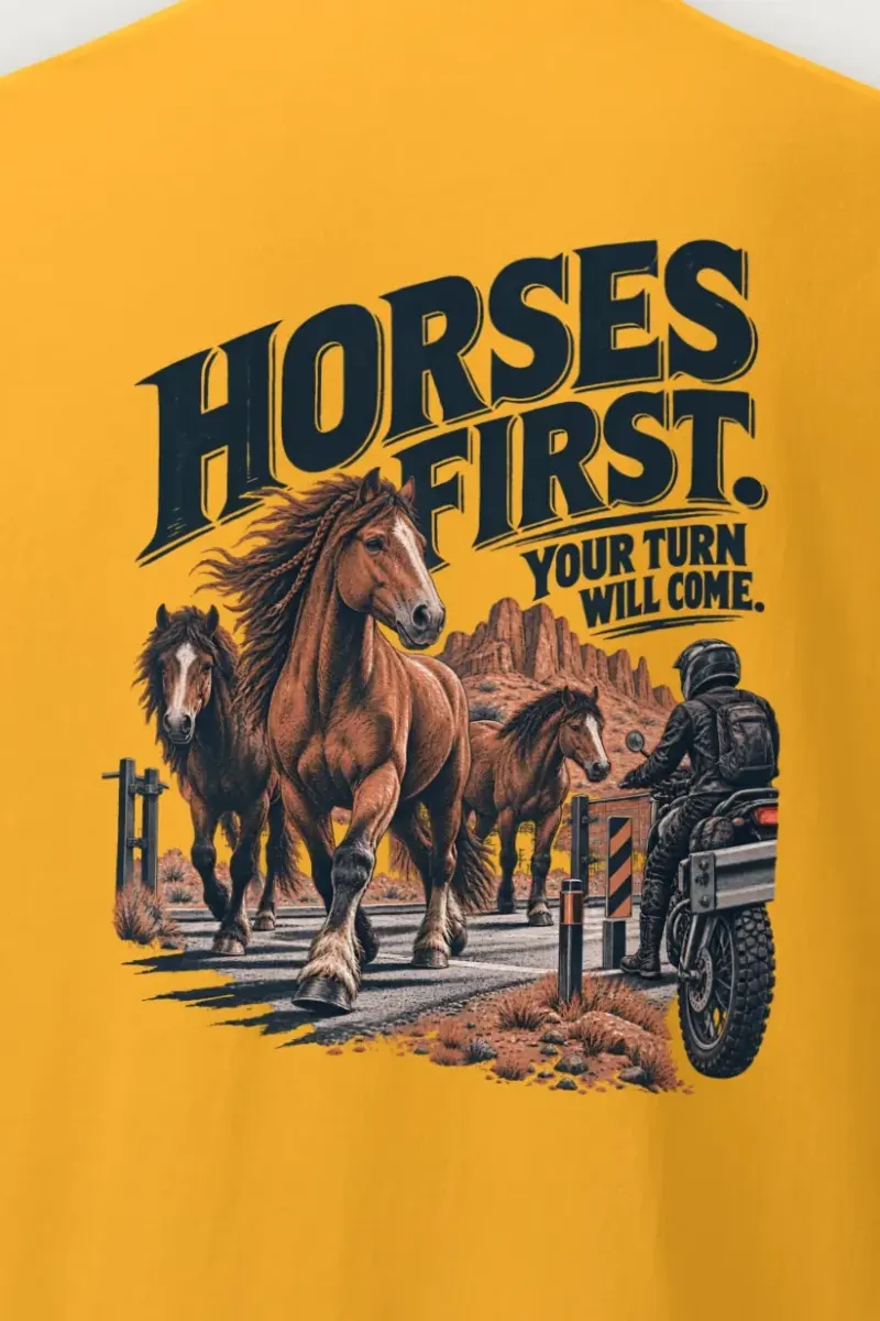 "Horses First" Heavyweight Unisex Crewneck T-shirt - the graphic up close