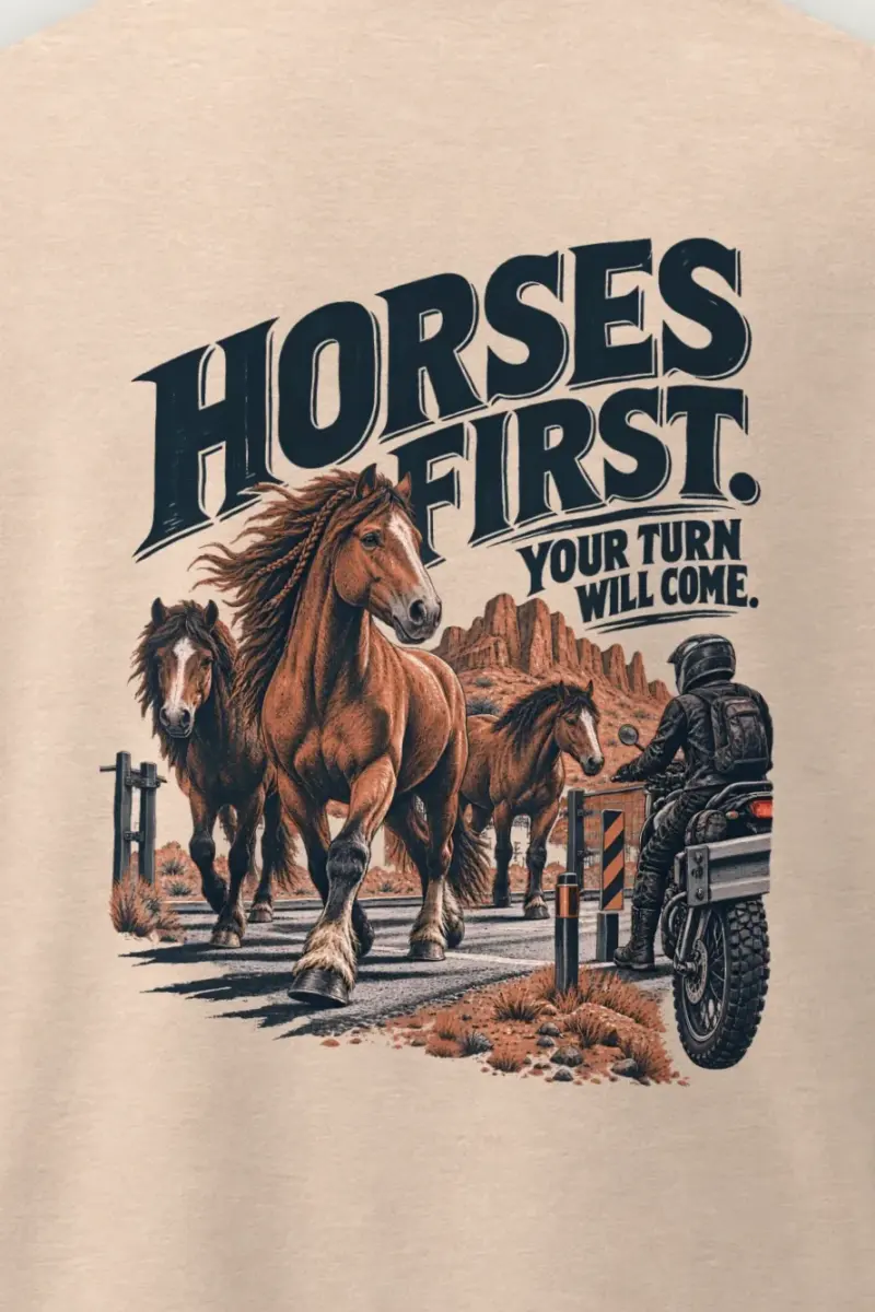 "Horses First" Men’s Oversized Heavyweight Crewneck T-Shirt - the graphic up close