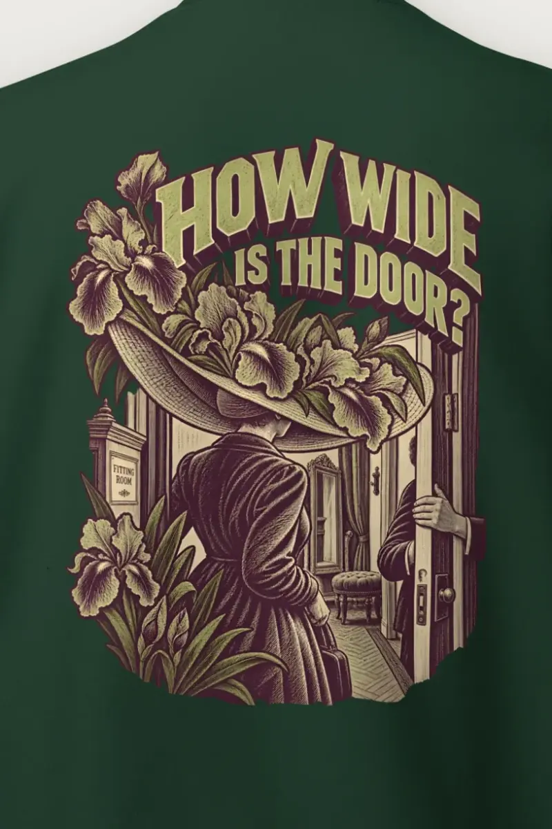 "How Wide Is the Door?" Heavy Blend Unisex Crewneck Sweatshirt - the graphic up close