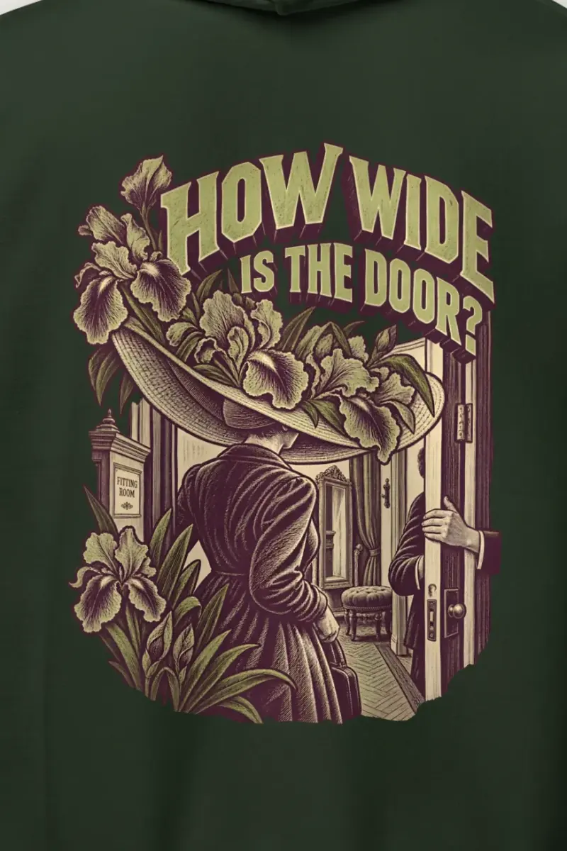"How Wide Is the Door?" Heavy Blend Unisex Pullover Hoodie - the graphic up close