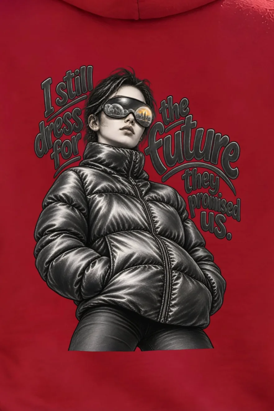 "I Still Dress For The Future" Unisex Pullover Hoodie - the graphic up close