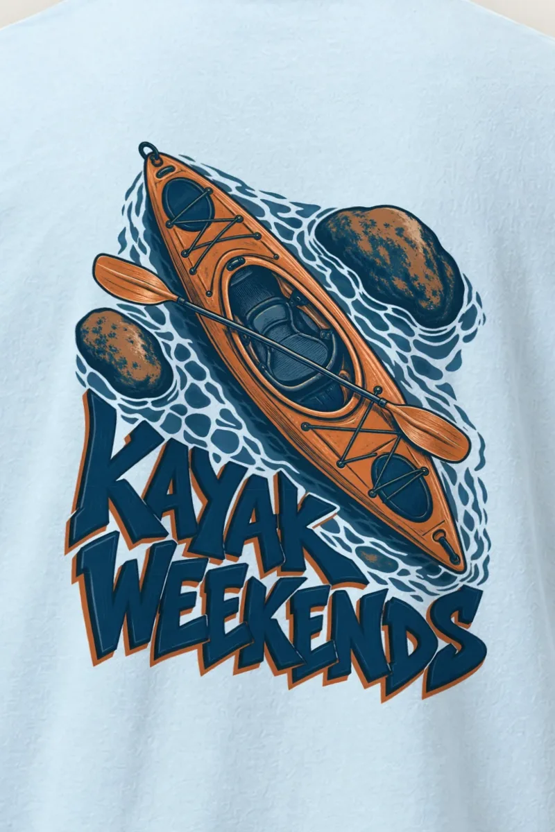 "Kayak Weekends" Heavyweight Unisex Crewneck T-shirt - the graphic up close