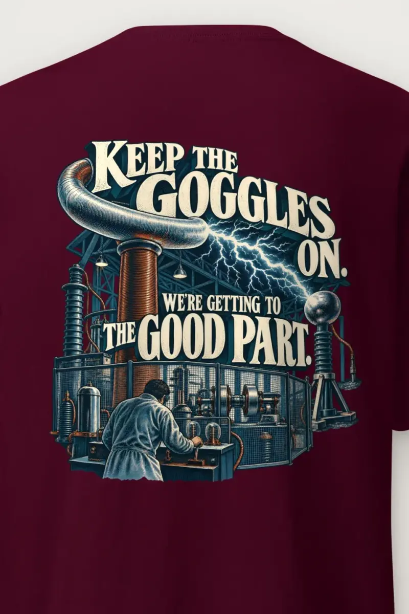 "Keep the Goggles On" Heavyweight Unisex Crewneck T-shirt - the graphic up close
