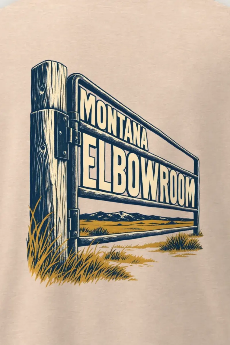 "Montana Elbowroom Ranch Gate" Men’s Oversized Heavyweight Crewneck T-Shirt - the graphic up close