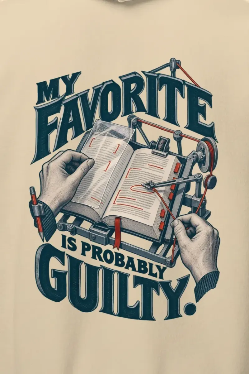 "My Favorite Is Probably Guilty" Heavy Blend Unisex Pullover Hoodie - the graphic up close