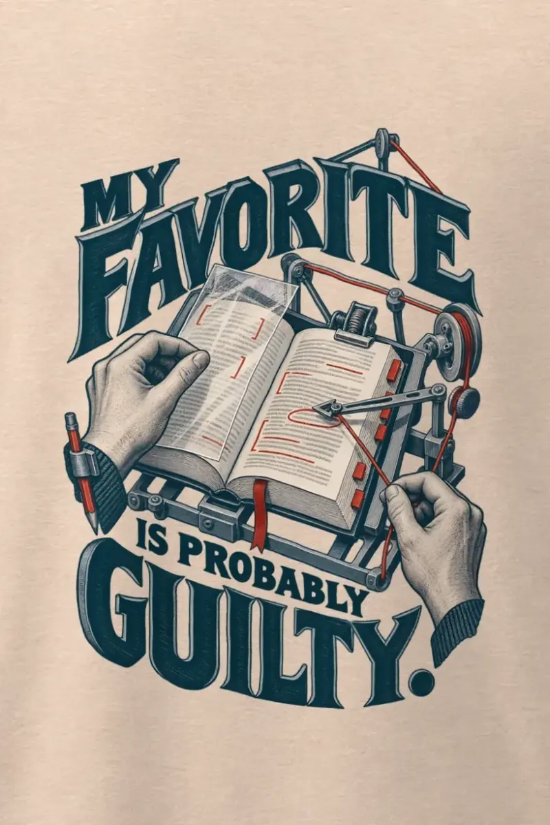 "My Favorite Is Probably Guilty" Men’s Oversized Heavyweight Crewneck T-Shirt - the graphic up close