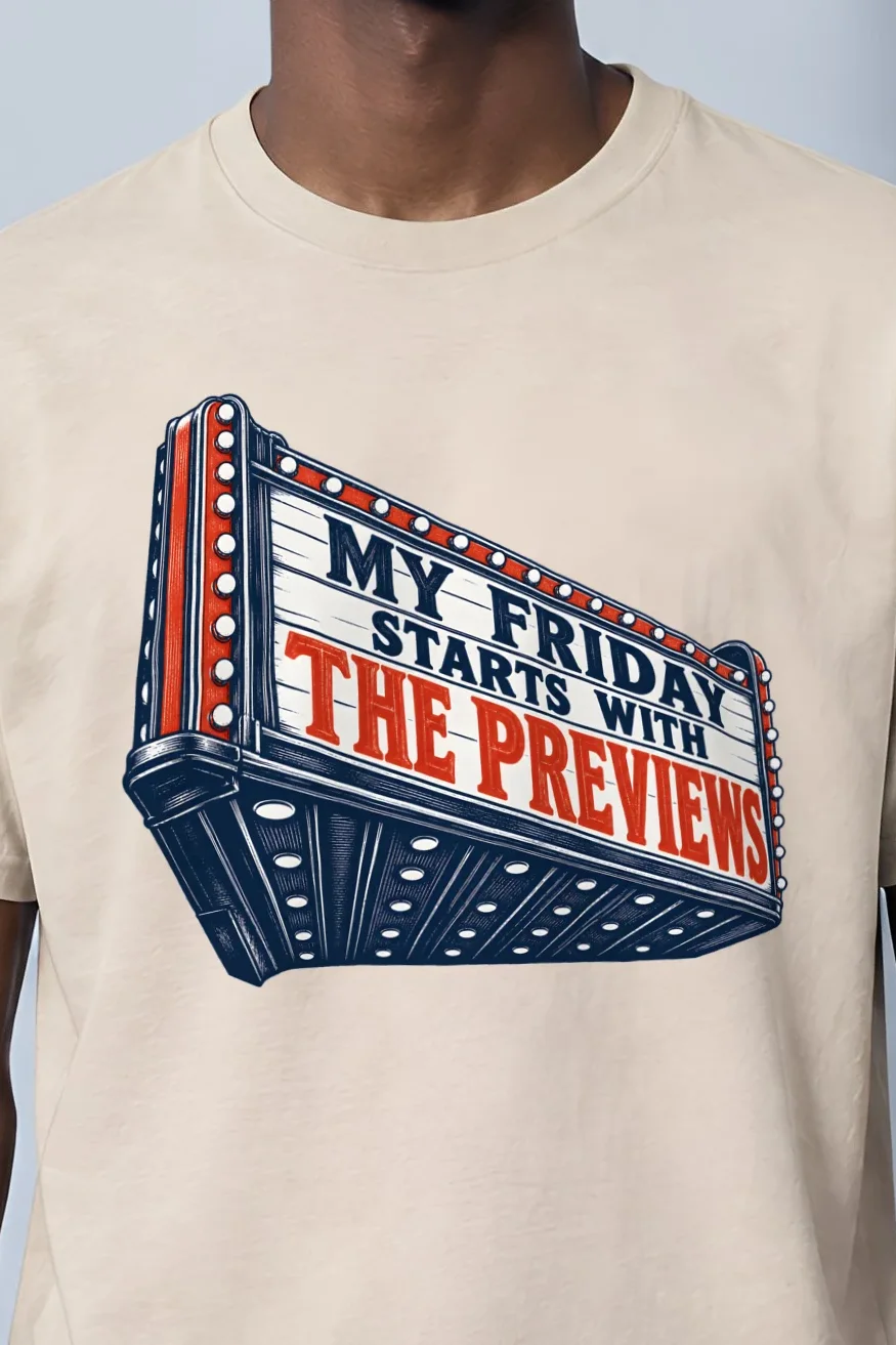 "My Friday Starts With the Previews" Heavyweight Unisex Crewneck T-shirt - the graphic up close