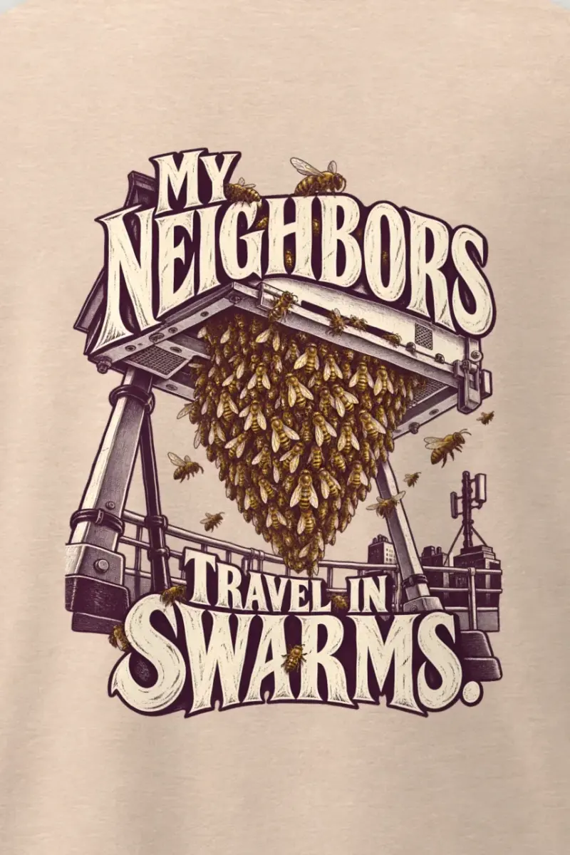"My Neighbors Travel in Swarms" Men’s Oversized Heavyweight Crewneck T-Shirt - the graphic up close