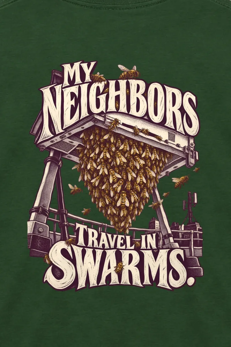 "My Neighbors Travel in Swarms" Unisex Longsleeve T-shirt - the graphic up close