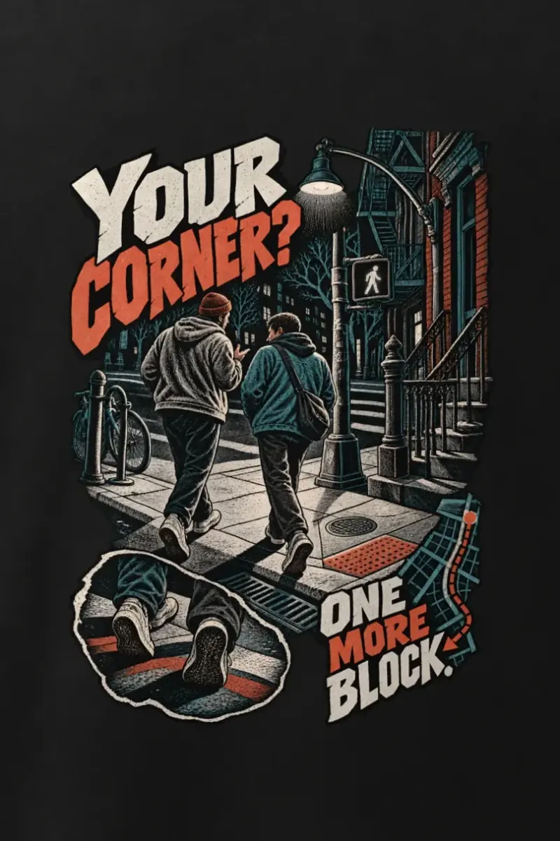 "One More Block" Men’s Oversized Heavyweight Crewneck T-Shirt - the graphic up close