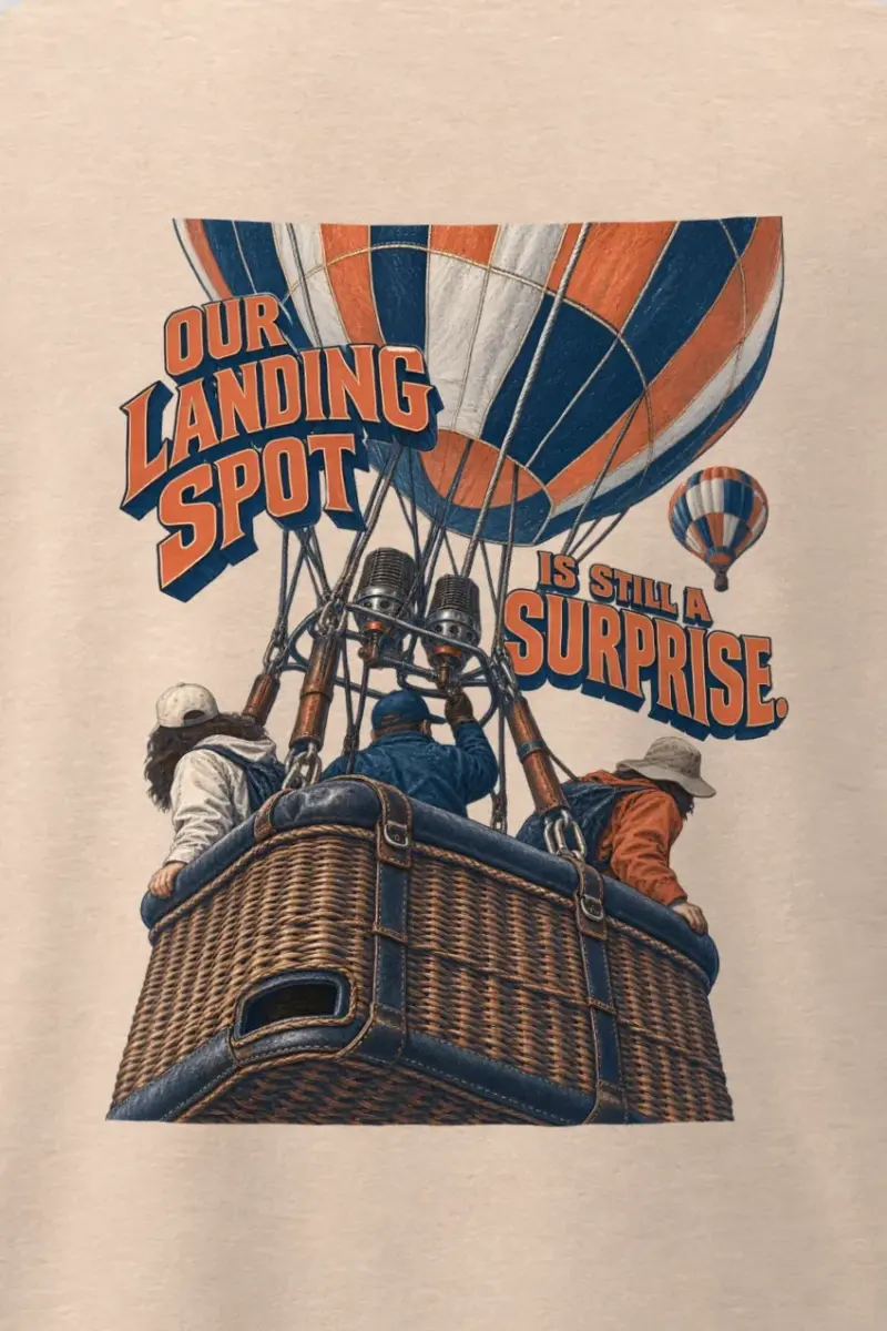 "Our Landing Spot Is Still a Surprise" Men’s Oversized Heavyweight Crewneck T-Shirt - the graphic up close