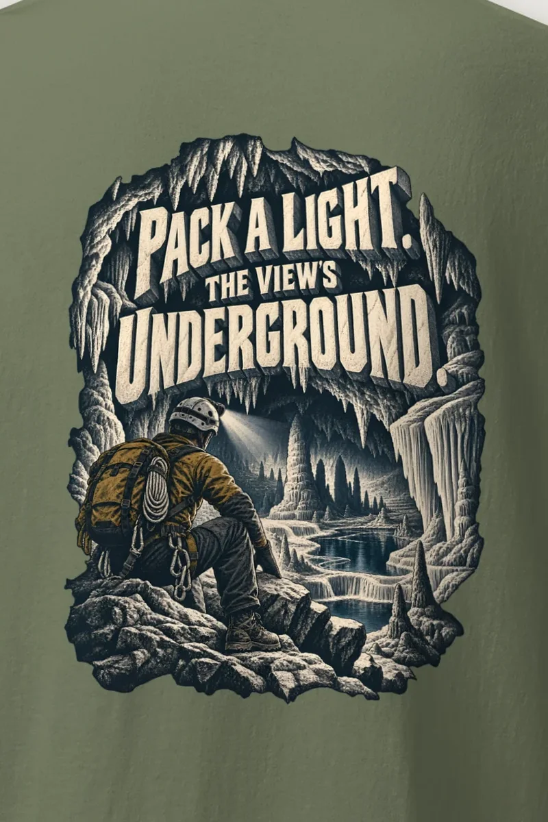 "Pack a Light Underground" Heavyweight Unisex Crewneck T-shirt - the graphic up close