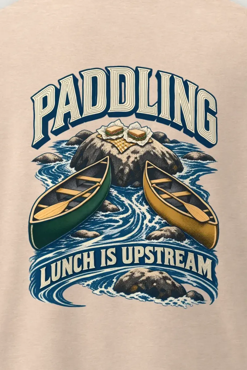 "Paddling Lunch Is Upstream" Men’s Oversized Heavyweight Crewneck T-Shirt - the graphic up close