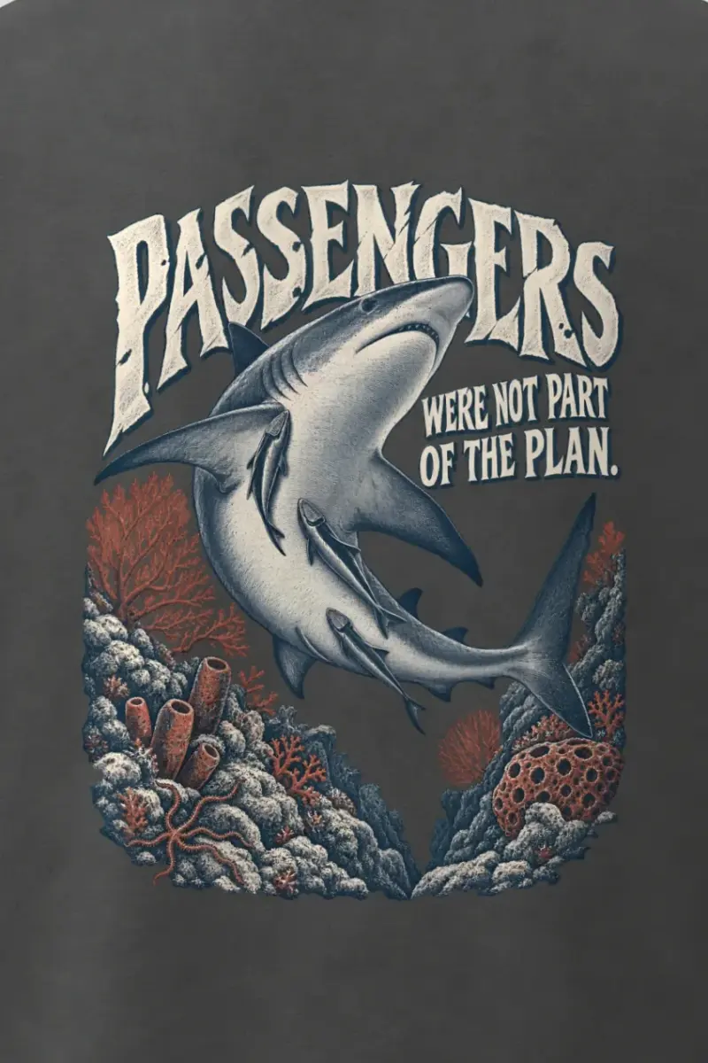 "Passengers Were Not Part of the Plan" Men’s Oversized Heavyweight Crewneck T-Shirt - the graphic up close