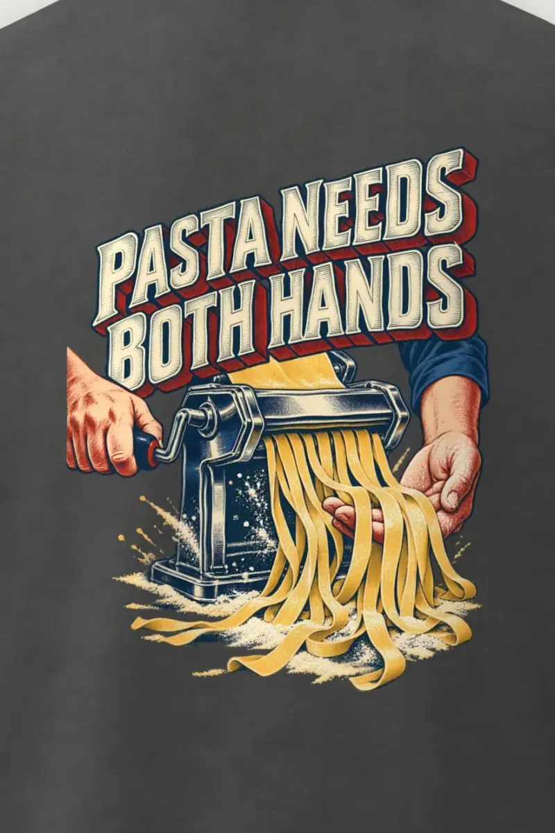 "Pasta Needs Both Hands" Men’s Oversized Heavyweight Crewneck T-Shirt - the graphic up close