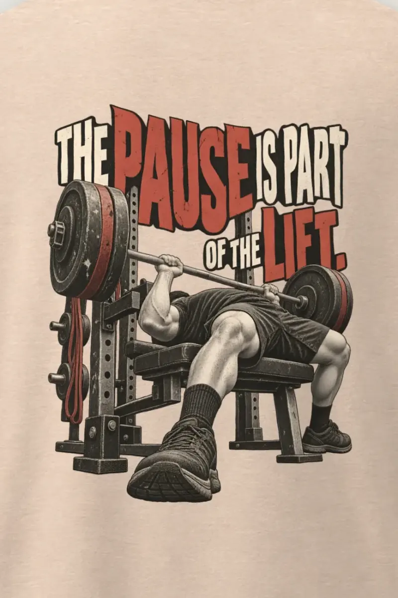 "Paused Bench Press Lifter" Men’s Oversized Heavyweight Crewneck T-Shirt - the graphic up close