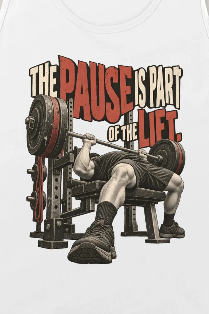 "Paused Bench Press Lifter" Unisex Jersey Tank - the graphic up close