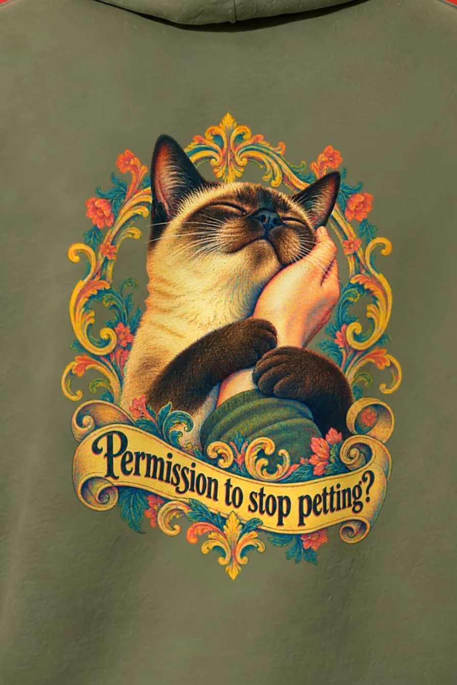 "Permission To Stop Petting?" Heavy Blend Unisex Pullover Hoodie - the graphic up close