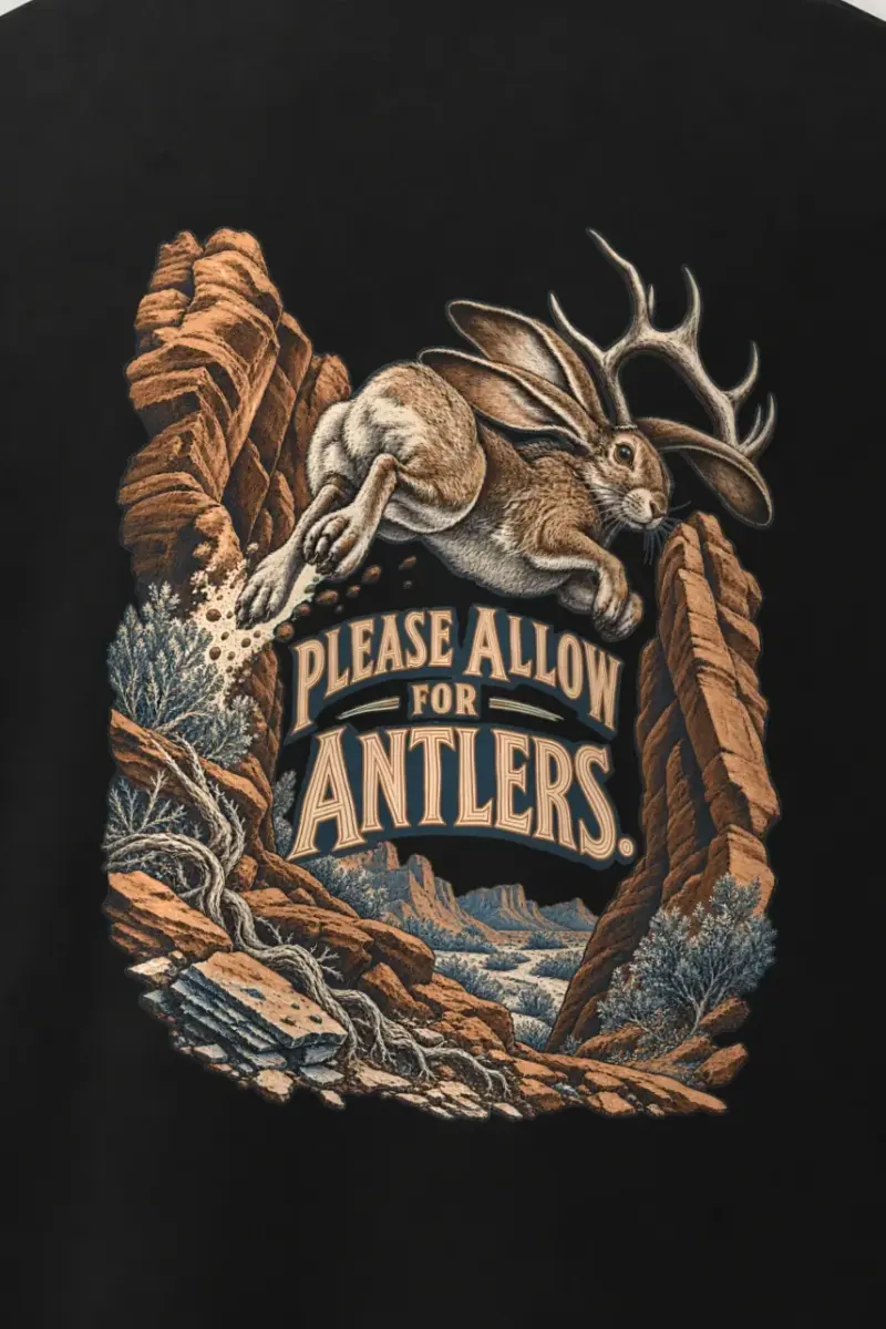 "Please Allow for Antlers" Men’s Oversized Heavyweight Crewneck T-Shirt - the graphic up close