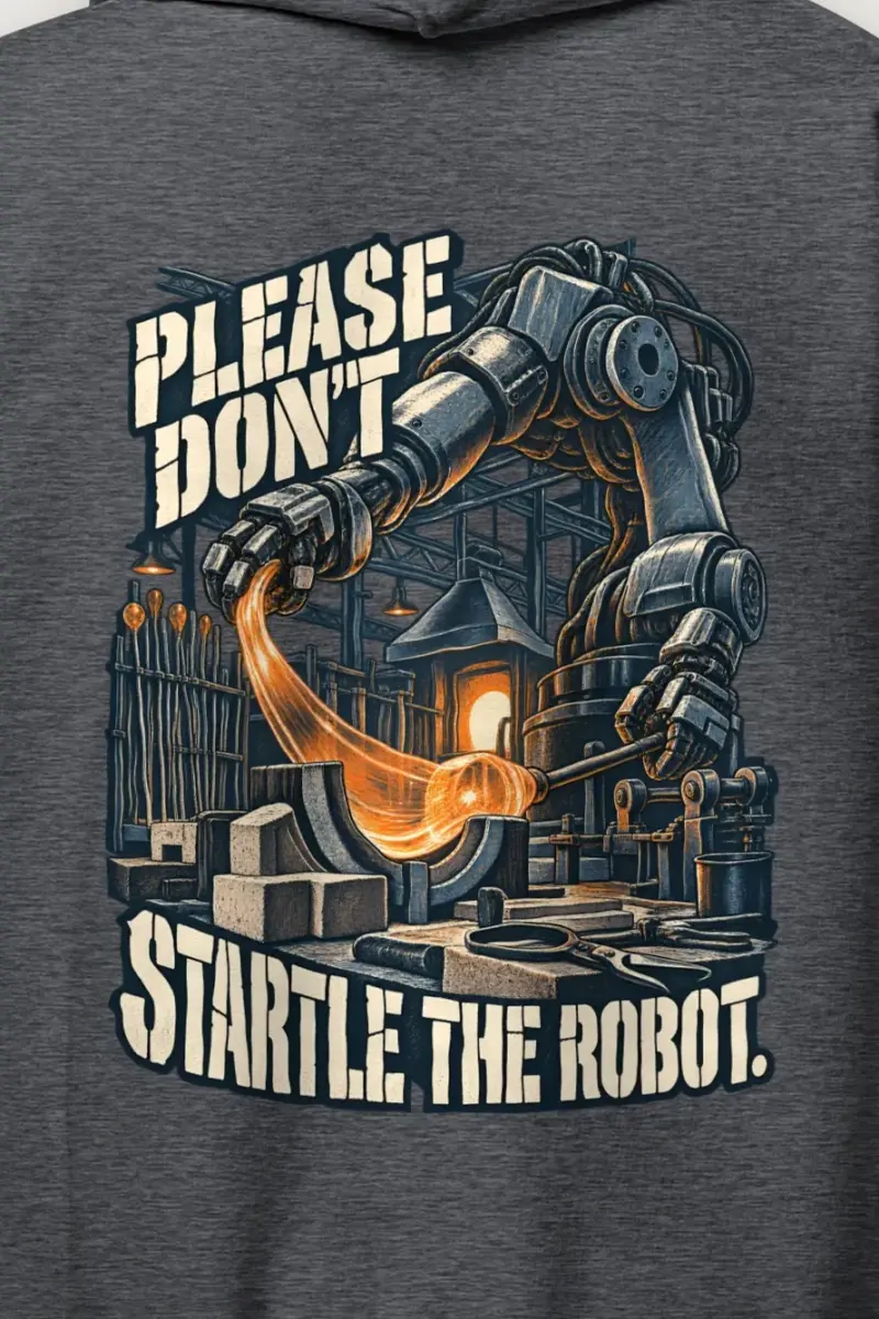 "Please Don’t Startle the Robot" Heavy Blend Unisex Pullover Hoodie - the graphic up close