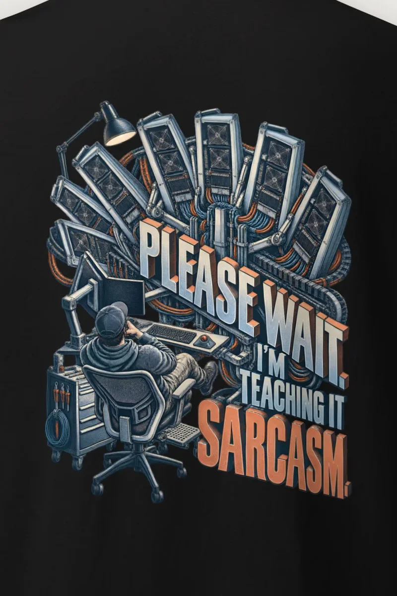 "Please Wait, Teaching It Sarcasm" Heavyweight Unisex Crewneck T-shirt - the graphic up close