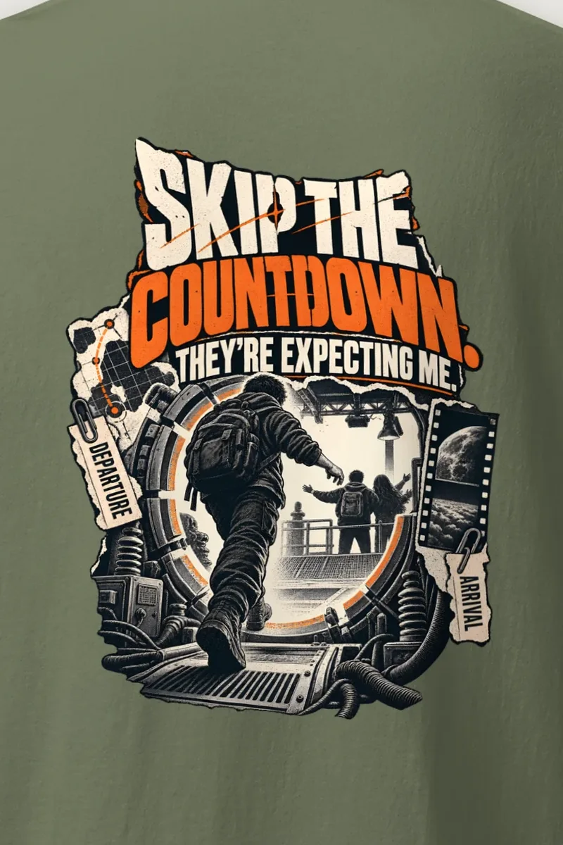 "Skip the Countdown" Heavyweight Unisex Crewneck T-shirt - the graphic up close