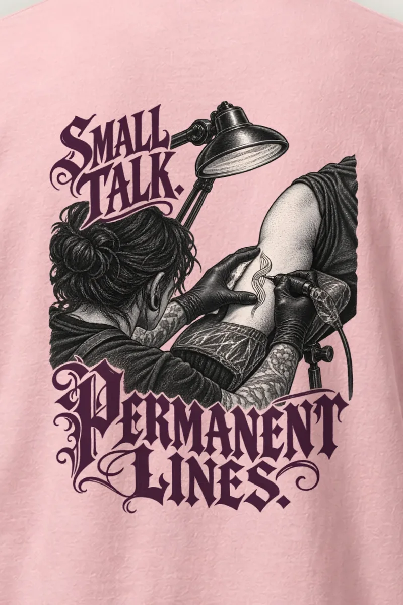 "Small Talk. Permanent Lines." Heavyweight Unisex Crewneck T-shirt - the graphic up close