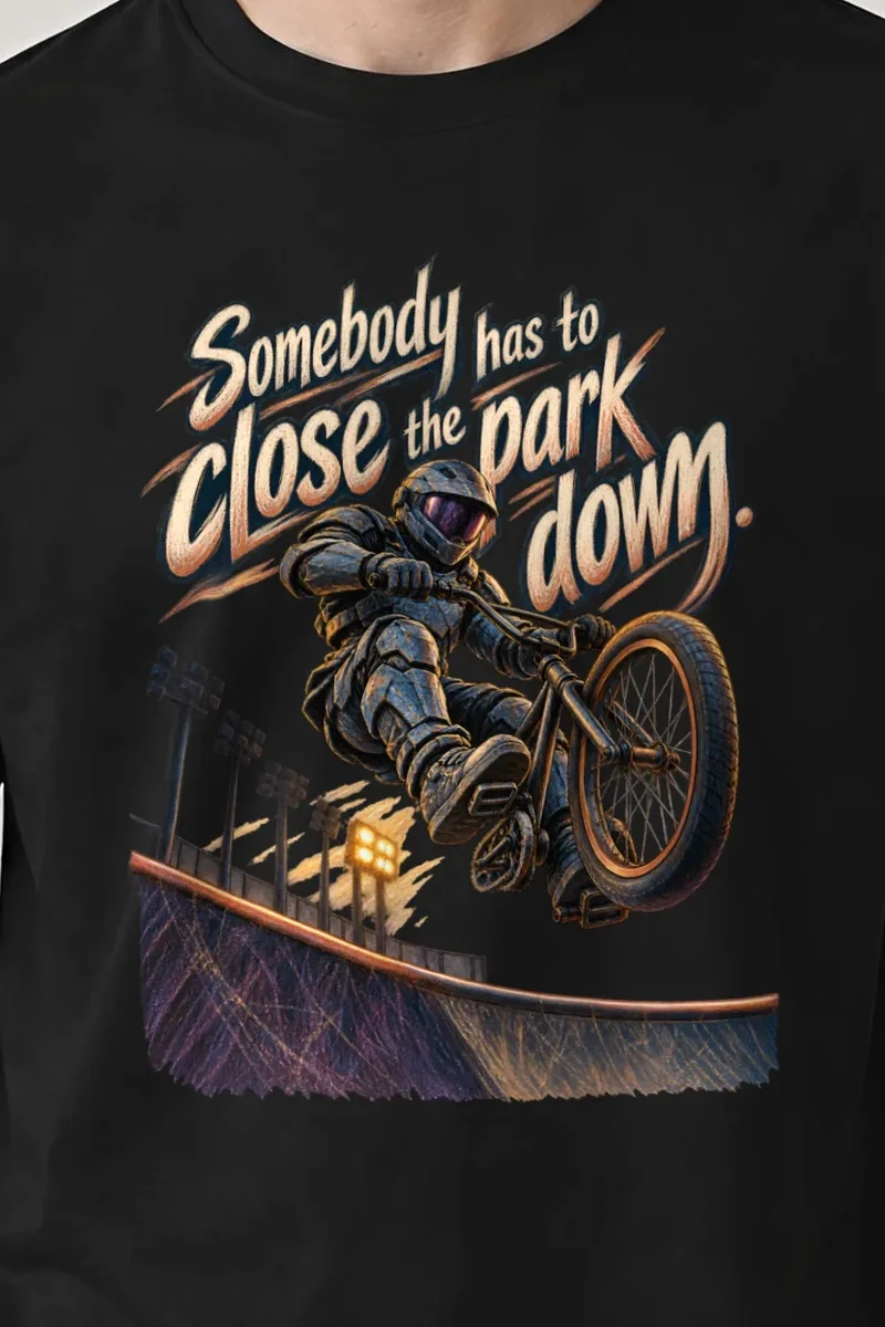 "Somebody Has to Close the Park Down" Heavyweight Unisex Crewneck T-shirt - the graphic up close