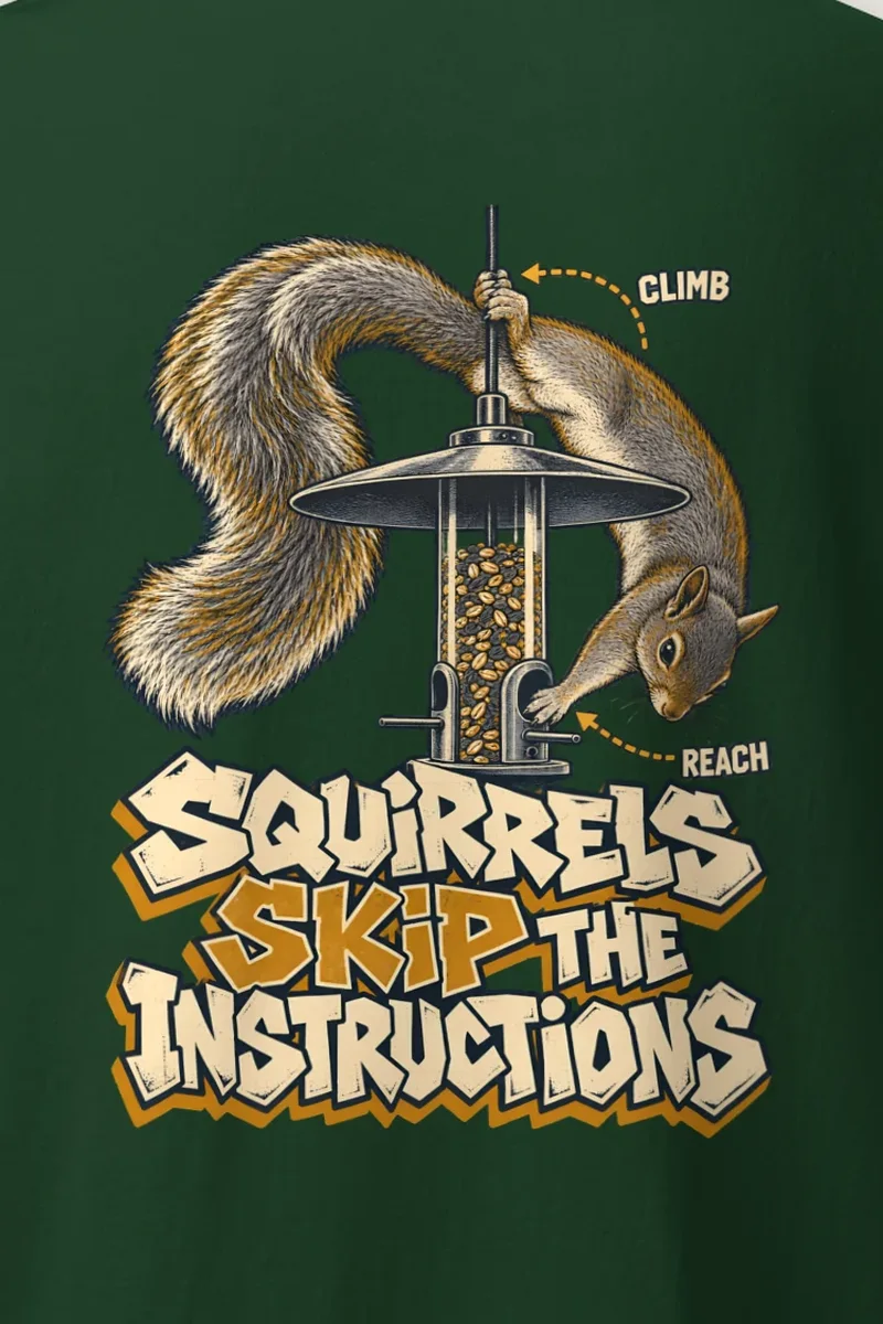 "Squirrels Skip the Instructions" Heavyweight Unisex Crewneck T-shirt - the graphic up close