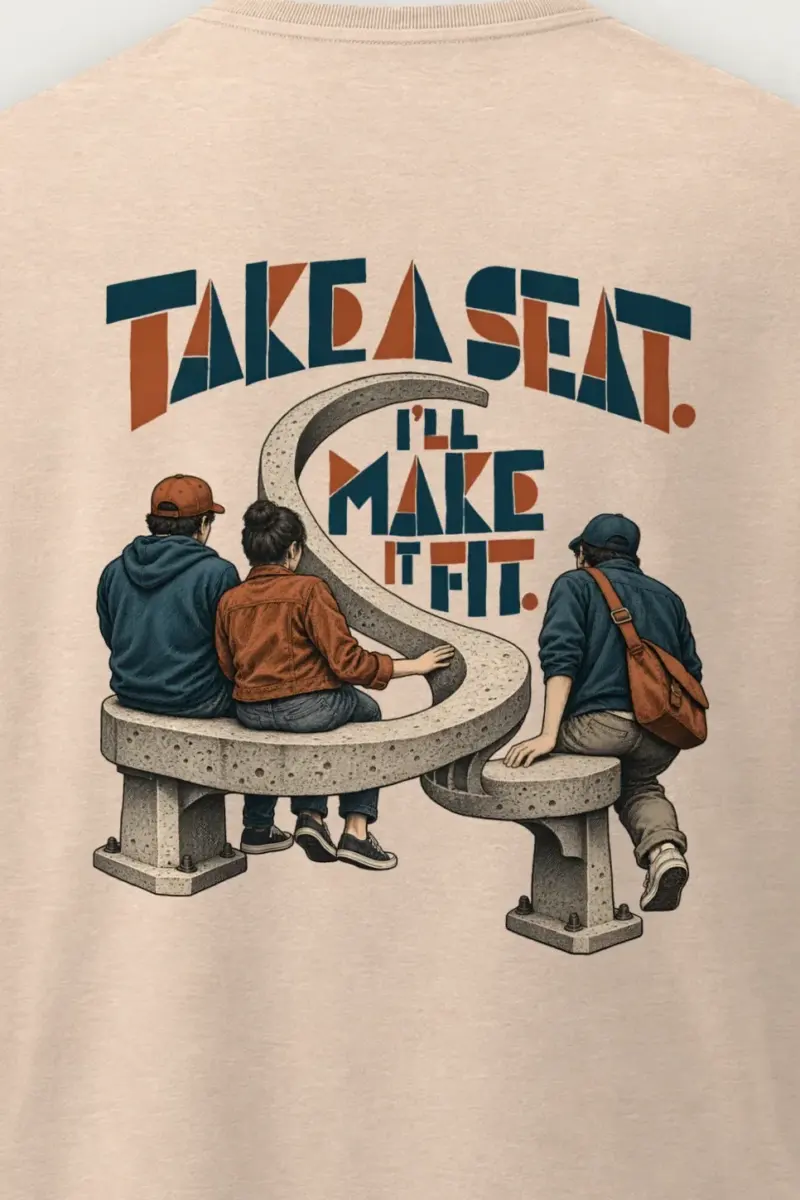 "Take A Seat Bench" Men’s Oversized Heavyweight Crewneck T-Shirt - the graphic up close