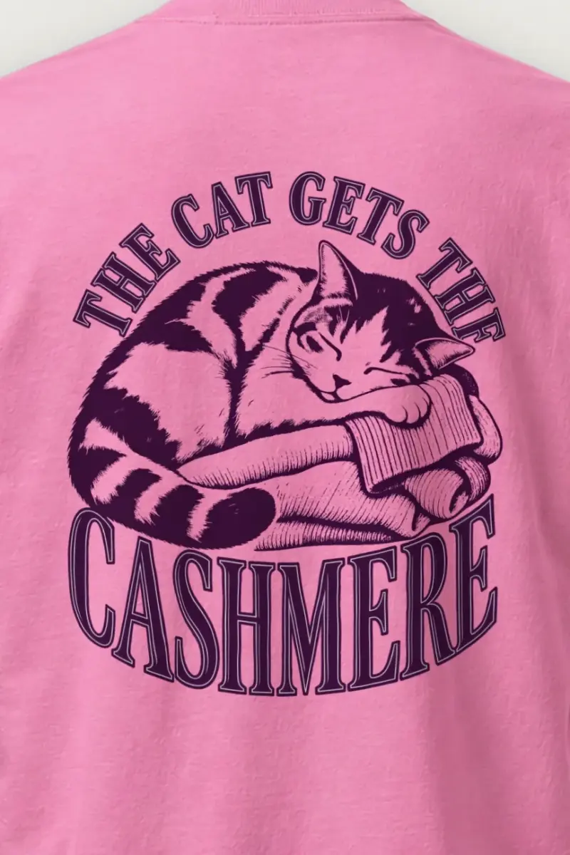 "The Cat Gets the Cashmere" Heavyweight Unisex Crewneck T-shirt - the graphic up close