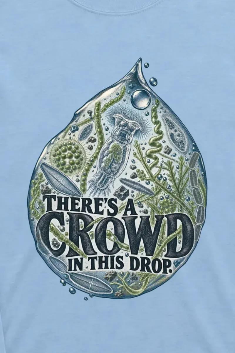 "There’s a Crowd in This Drop" Unisex Longsleeve T-shirt - the graphic up close