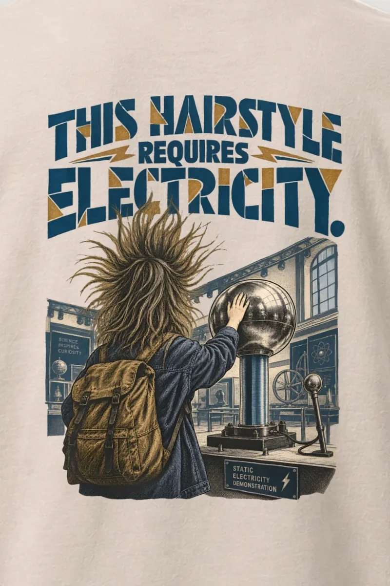 "This Hairstyle Requires Electricity" Heavyweight Unisex Crewneck T-shirt - the graphic up close