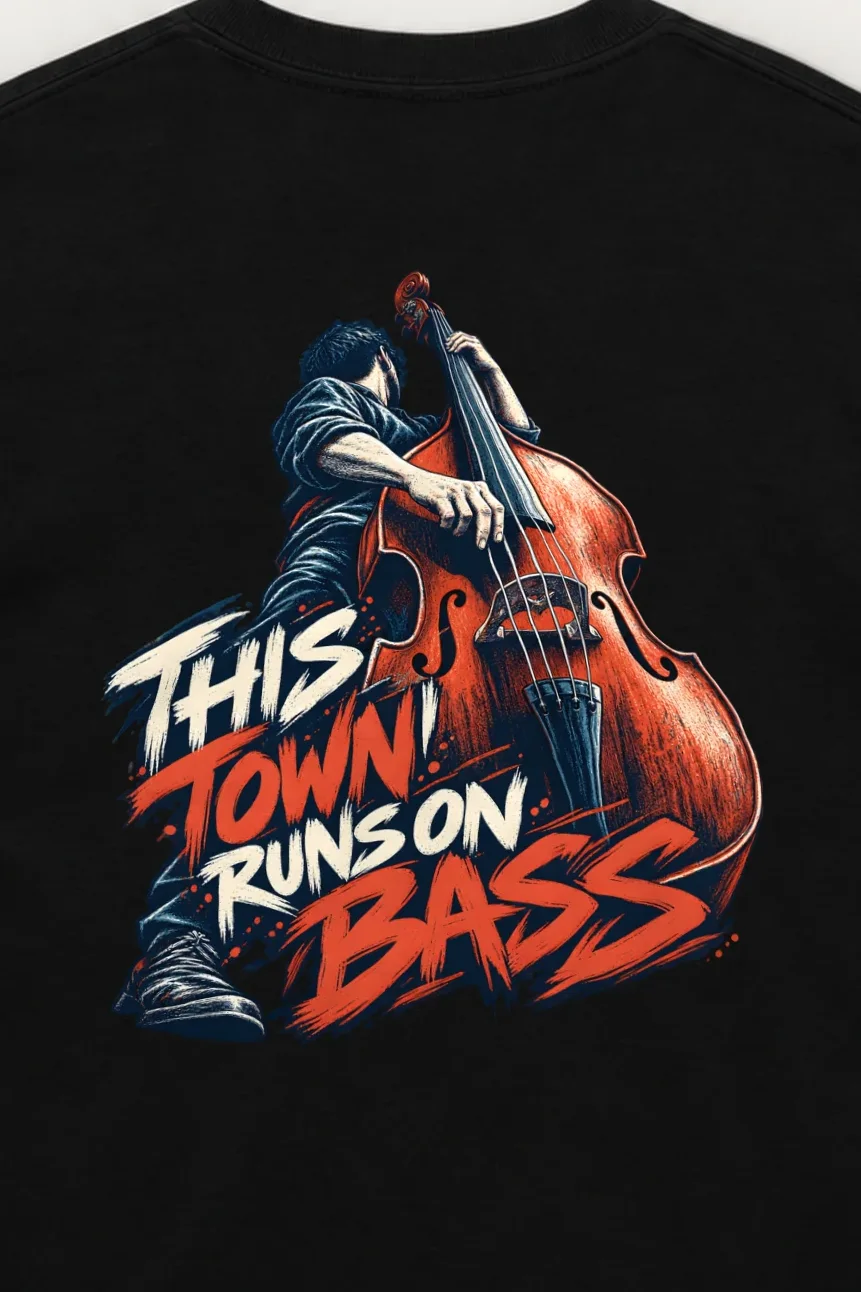 "This Town Runs on Bass" Unisex Longsleeve T-shirt - the graphic up close