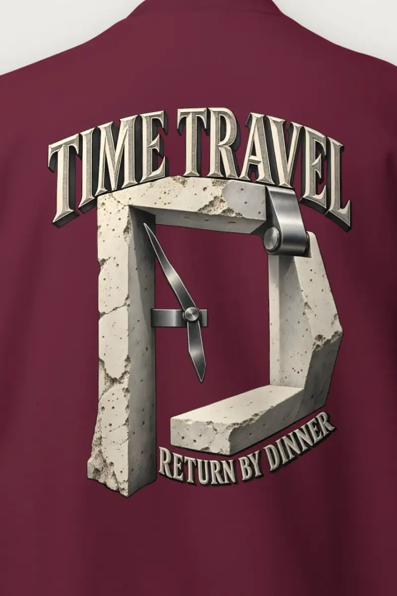 "Time Travel Return by Dinner" Heavy Blend Unisex Crewneck Sweatshirt - the graphic up close