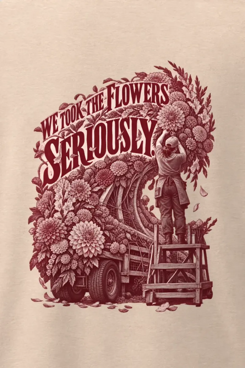 "We Took The Flowers Seriously" Men’s Oversized Heavyweight Crewneck T-Shirt - the graphic up close