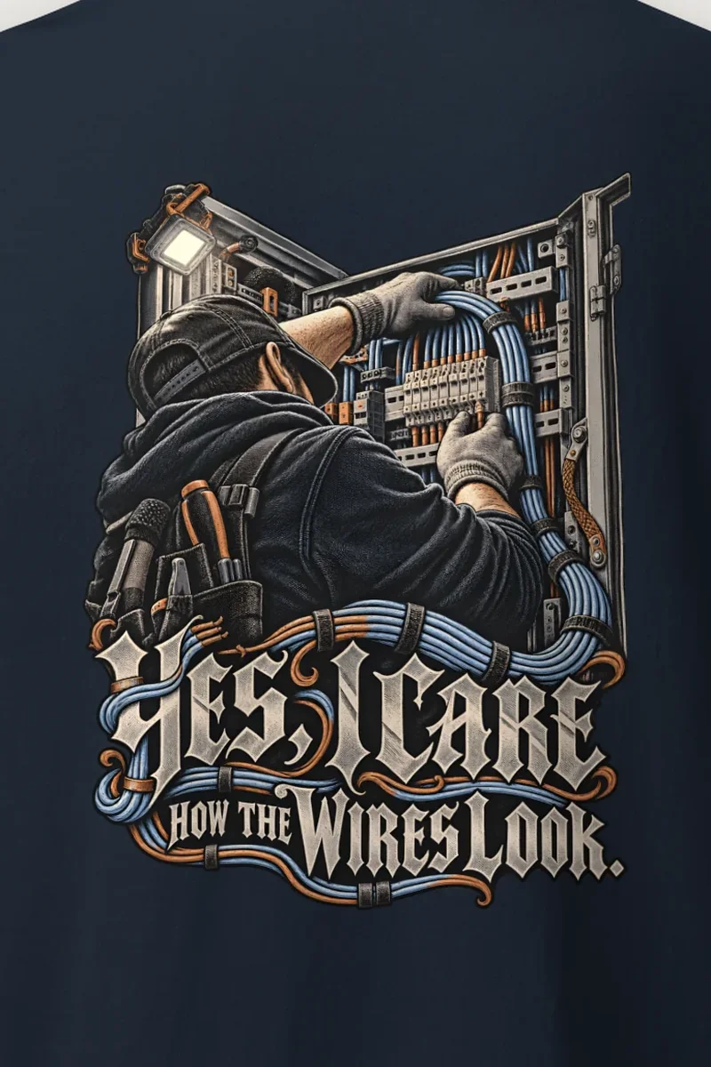 "Yes, I Care How the Wires Look" Heavyweight Unisex Crewneck T-shirt - the graphic up close
